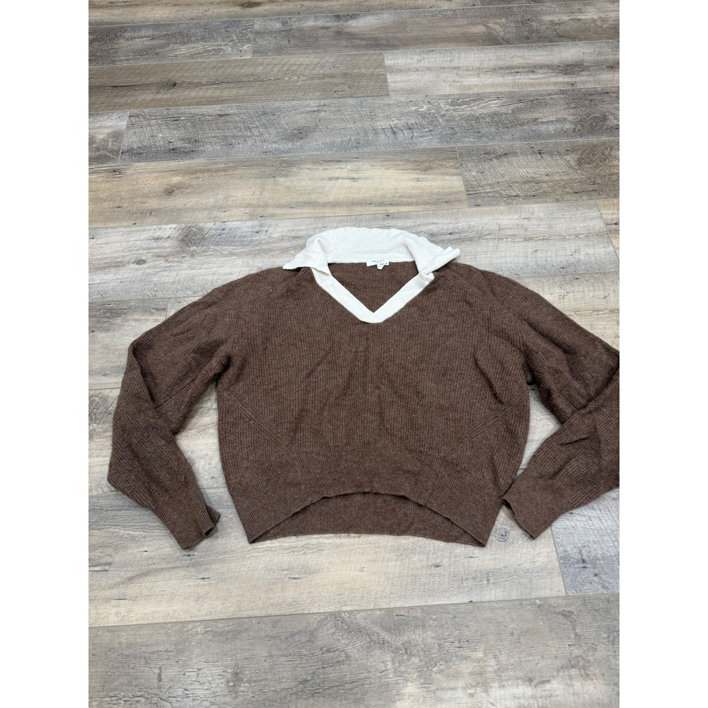Rag & Bone Brown Wool Cashmere Ribbed Polo V-Neck Sweater Thumbhole Cuffs S